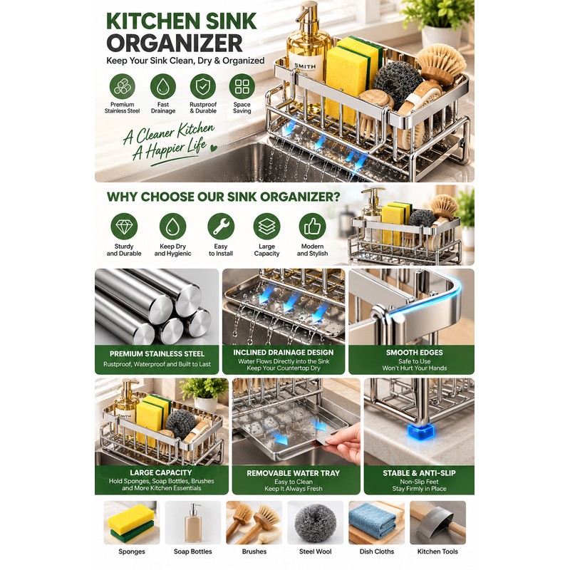 Stainless Steel Sink Organizer for Kitchen & Bathroom – Multifunctional