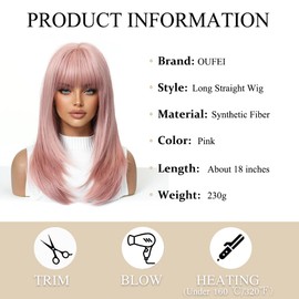 Pink Wigs for Women Big Scalp Medium Length Long Straight Wig with Bangs Synthetic Hair Heat Resistant Wigs for Everyday Party Cosplay Wear
