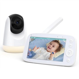 QWUE Upgrade Baby Monitor with Night Lamp, Pan-Tilt-Zoom Video Baby Monitor with Camera No WiFi, 5'' IPS Screen, HD Night Vision, 2-Way Talk, Lullaby Player, 4500mAh Battery, VOX, Temperature Alert