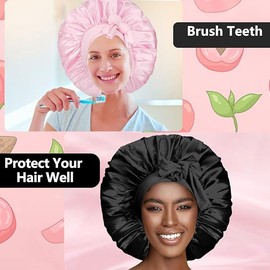 Satin Bonnet Silk Shower Cap for Women,Hair Bonnet for Sleeping,Jumbo Bonnet Satin Silk Bonnet,Adjustable Tie Shower Cap (Pink, One Size)