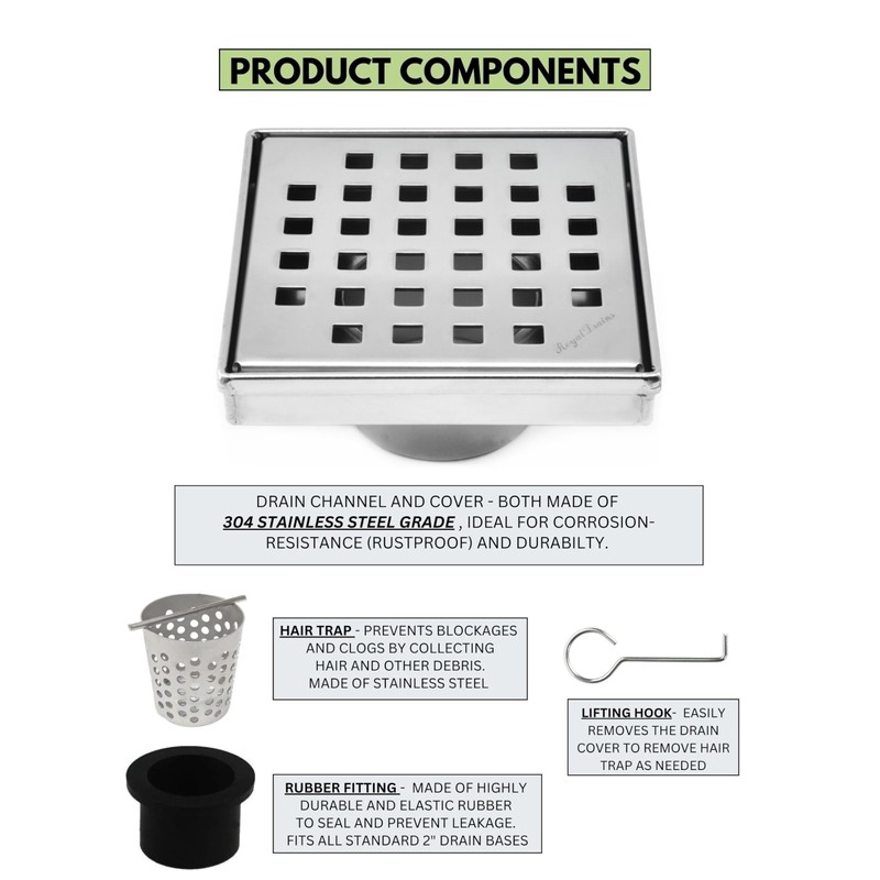 SereneDrains 304 Stainless Steel 4 Inch Square Polished Chrome Shower
