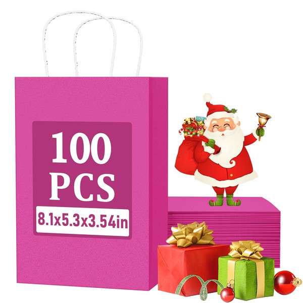 LITOPAK 100Pcs Small Gift Bags with Handles Bulk, 8 * 5.25 * 3.75 Inch Paper Gift Bags, Hot Pink Gift Bags for Baby Shower, Christmas, Birthday Party, Paper Bags for Small Business