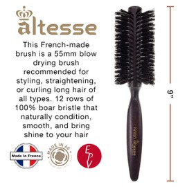 Altesse 1412P Boar Bristle Round Brush for Blow Drying (55mm) Large Dark Beechwood Handle with 12 Rows Boar Bristle Hair Brush Round Hair Brush for Women Long Hair of All Types. Handmade in France