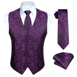 Purple waistcoat Men's Paisley Waistcoats Jacquard Necktie Pocket Square Handkerchief Wedding Party Business Fit Vest Suit Set XL