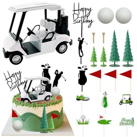Decoraciones para pasteles de golf con mini carrito, palos, bola, árbol verde, bandera roja, decoración para cupcakes temáticos de golf, suministros de decoración de fiesta de cumpleaños