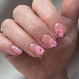 Flower Press on Nails Short Square OFDNE Nude Fake Nails False Nails with Pink Floral Designs Gold Glitter Full Cover Glossy Glue on Nails Spring Summer Stick on Nails for Women Girls 24 Pcs