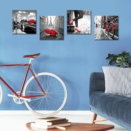 YMYXMC33 Black and White Wall Art Canvas Print Paris Eiffel Tower 4 Panels Red Pictures Decor Living Room Bedroom Bathroom