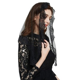FANFAN Black Triangle Veil & Fishnet Gloves Set - Funeral Lace Veil with Short Gloves for Gothic Wedding,Religious Ceremonies & Cosplay Accessories Y084 (Black)