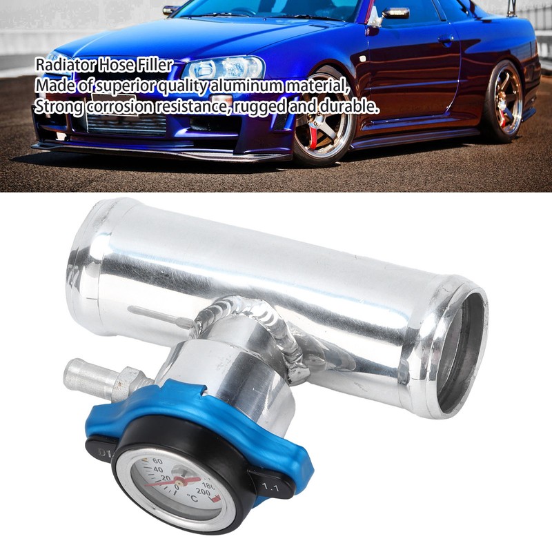 38mm/1.5in Inline Radiator Hose Filler Aluminum With Temperature Gauge for