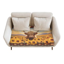Wanzuoeng Highland Cow Print Sofa Cushion Cover Sunflower Print Couch Cushion Slipcovers, Removable Sofa Cushion Covers for 2 Cushion Couch, Wear-Resistant Sofa Seat Slipcovers for Pets