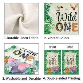 Wild One Garden Flag, Happy 1st Birthday Zoo Theme Outdoor Banner, 1st Birthday Party Decór Vertical Sign, Lion and Elephant Lawn Yard Double Sided Sign, 12 x 18"