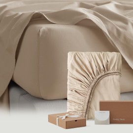 Double Stitch Cotton Tencel Fitted Sheet - Full Size Fitted Sheets Deep Pocket, Soft Hotel Bedding, Cooling & Breathable for Hot Sleepers, Up to 16 inches, Sandstone