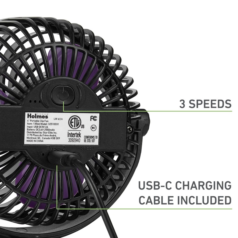 Holmes 4” On-The-Go Personal Fan with Clip – 3 Speeds,