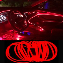 JAIZAIWJ EL Wire Interior Car LED Strip Lights USB Neon Light Strip with 6mm Sewing Edge Glowing Strobing Electroluminescent Wire Lights Ambient Lighting Kits for Car, Garden, Decorations(16FT/Red)