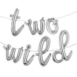 16 inch Multicolor Two Wild Balloons Banner for Boys Girls 2nd Birthday Jungle Safari Theme baby shower Party Supplies Decorations (L TWO WILD Silver)