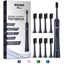 Wagner & Stern ultrasonic whitening Electric Toothbrush with 8 Charcoal Black Brush Heads. for Fresh Breath & Healthy Smile. (Charcoal)