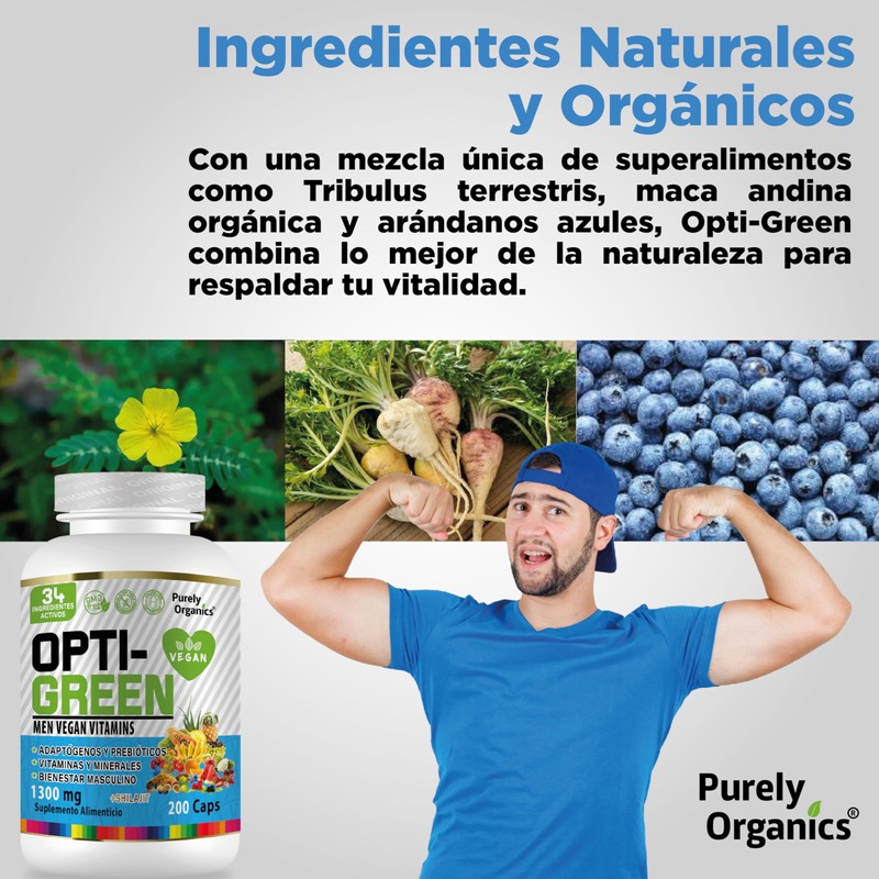 OptiGreen Men Vitaminas Vegan 90 Caps. Adaptogenos, Prebióticos, Vitaminas y