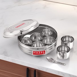 HAZEL Staineless Steel Msala Dabba with 7 Compartments | Spice Box with Lid & Spoon | Airtight Masala Dabba, 7 Inch, Round
