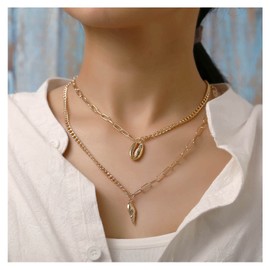 Inilbran Boho Cowrie Shell Necklace Choker Layered Cowrie Shell Chain Necklace Gold Shell Pendant Necklaces Vintage Paper Clip Necklace Chain Jewellery for Women and Girls
