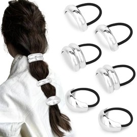 CURASA Metal Hair Cuffs 6PCS Silver Ponytails Hair Ties for Women Silver Hair Elastic Geometric Metal Hair Tie