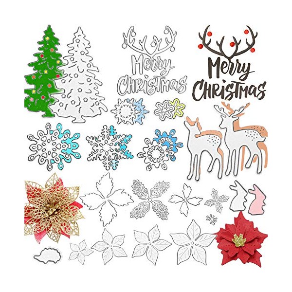 Patelai 20 Pieces Christmas Metal Cutting Dies Christmas Flower Cutting Dies, Snowflake, Deer, Xmas Tree, Merry Christmas Cut Stencils for Making Photo Decorative Paper Scrapbooking Embossing Card
