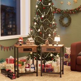 Fixwal Nightstands Set of 2 with Charging Station, End Tables with USB Ports and Power Outlets, Narrow Bedside Table Set of 2 for Living Room, Bedroom, Farmhouse, Sofa Couch(Rustic Brown)