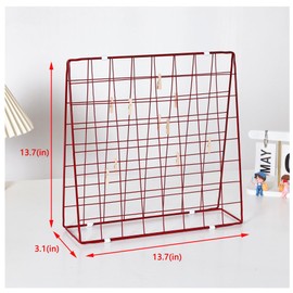 WYEHHLJ Desktop Photo Display Shelf, Sticky Note Grid Display Shelf, Double-sided Photo Metal Frame, Suitable for Home Office Desk Photo and Picture Organizer with 20 Wooden Clips,Red