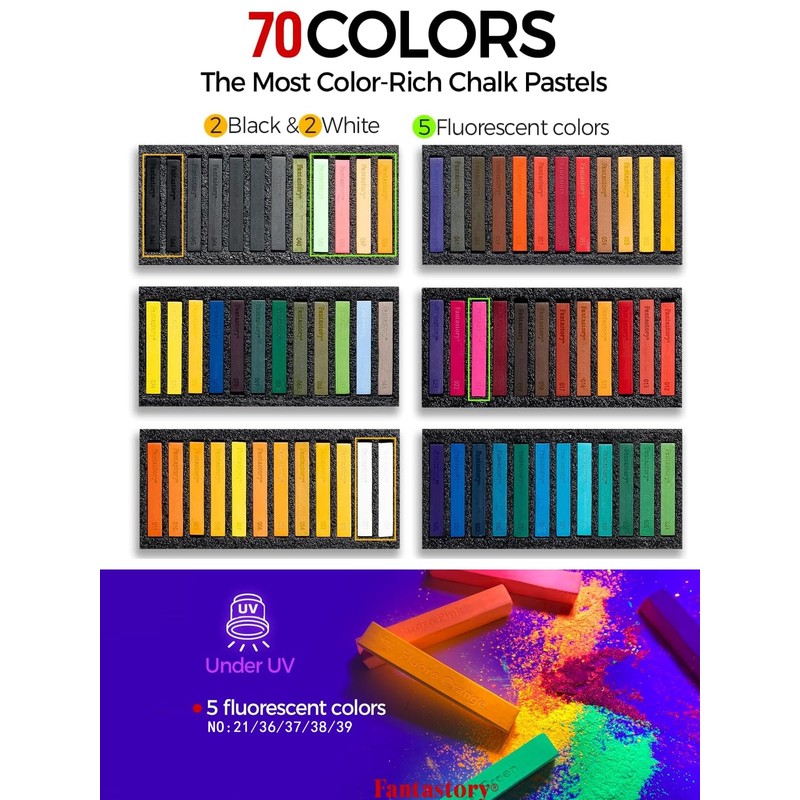 Fantastory Long Soft Chalk Pastels Set, 72 Sticks,Includes 5 Fluorescent