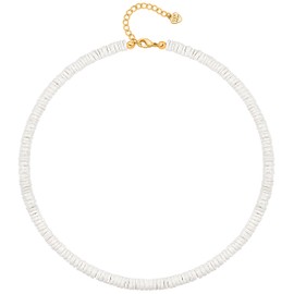 Hawaiian Style Natural White Puka Seashell Beaded Choker Necklace Unisex Bohemian Handmade Gemstone Clavicle Shell Necklace For Women Man Adjustable Layering Summer Beach Surfer Necklace 15”