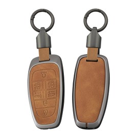 ontto Key Case Fit for Hyundai Tucson 2020-up 7-Button Key Fob Holder with Keychain for Solaris Sonata Hybrid Nexo NX4 Santa Fe,Sturdy Metal and Leather Car Key Cover,Brown