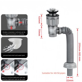 Bathroom Sink Drain Kit with Flexible Expandable P-Trap Sink Drain Pipe Tube Anti-Odor Bathroom Sink Drain Pipe for 1-1/4",1-1/2" and 2'' Drain Hole (Bounce style)