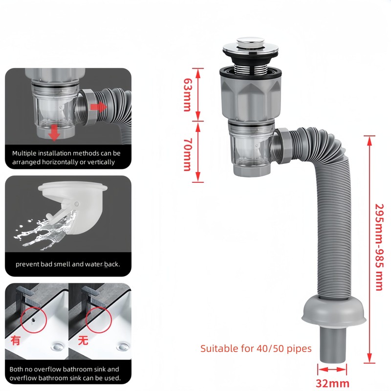 Bathroom Sink Drain Kit with Flexible Expandable P-Trap Sink Drain