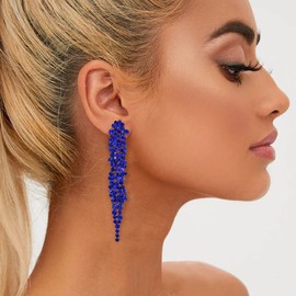 EVER FAITH Austrian Crystal Art Deco Statement Earring, Banquet Prom Long Chandelier Dangle Earrings for Woman Blue Blue-Tone