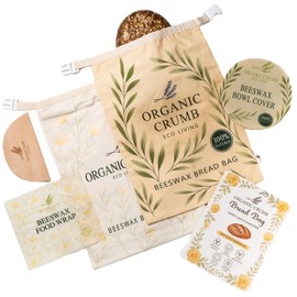 Organic Crumb Reusable Bread Bags for Homemade Bread (5 in 1) – 2 XL Cotton Beeswax Bags, Reusable Beeswax Wrap, Bowl Cover & Dough Scraper – Eco-Friendly Storage for Sourdough Bread Bags.