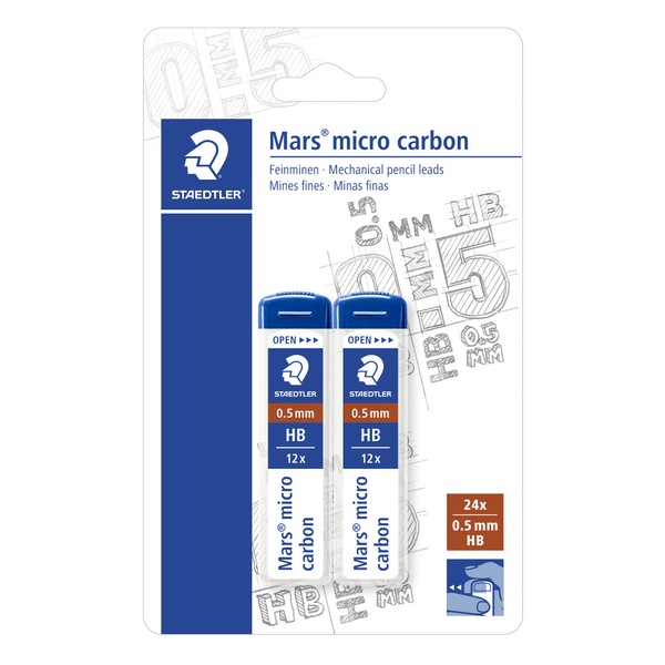 STAEDTLER 2505HBBK2D Mars Micro Refill Leads for Mechanical Pencils - HB, 0.5mm (Blistercard of 2 x Tubes of 12 Leads)