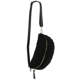SH Leder ® Kate G358 Teddy Plush Waist Bag Women's Belt Bag for Festival Travel Bum Bag Medium Crossbody Bag Women with Genuine Leather Shoulder Strap 27 x 16 cm, black, fashion waist bag