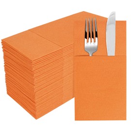 Goldclean Orange Napkins Hand Towels Disposable, Linen-Feel Dinner Napkins with Prefolded Built-in Flatware Pocket, Guest Paper Hand Towels For Wedding, Dinner Or Party (16x16in, 50Pack）