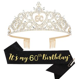 Araluky 60th Birthday Crown and Sash Set for Women - Gold Plated Alloy & Rhinestone - 'It's My 60th Birthday' Sash - Women's Adult, Female, Adults