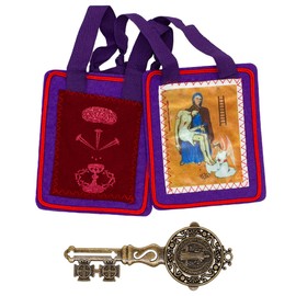 Saint Benedict Medal Key | Beautiful 5" Wall Pendant | Bronze-Tone Finish | Great Catholic Housewarming Gift | Spiritual Protection for Home (Saint Benedict Key and Purple Scapular, 1, Pack)