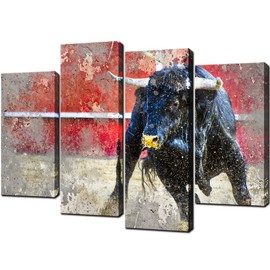KLVOS 4 Piece Spanish Fighting Bull Animal Wall Art Highland Cow Picture Painting Wildlife Canvas Artwork for West Cowboy Bedroom Nordic Style Modern Home Decor Stretched Ready to Hang W-48x H-32inch