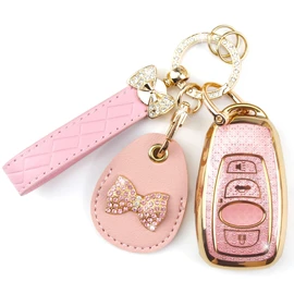 Rayslesan Key Fob Cover with Leather Holder Compatible with Airtag/RFID,Compatible with Subaru Ascent Forester WRX Impreza Outback STI BRZ,RFID Protector,Car Key Accessories(4-Button, Gold Pink)
