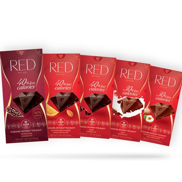 RED Delight Chocolate Bar Variety Pack, Made with No Added Sugar, Fewer Calories and Less Fat, 3.5 Ounce Bar, Pack of 5