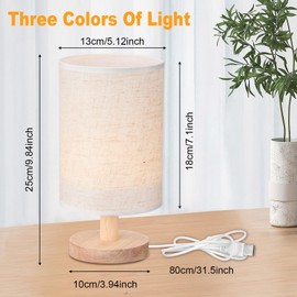 Nuanchu 2 Pcs Small Bedside Table lamp for Bedroom - 3 Color Temperatures Bedside Lamps with USB, Round Fabric Linen Shade for Bedroom, Nightstand, Nursery, Camping, Outdoor