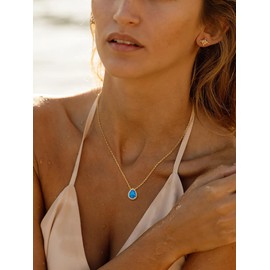 KeyStyle Womens Gold Teardrop Crystal Necklace with Blue Topaz, December Birthstone Charm Birthday Necklaces for Wife, Anniversary Jewelry for Her