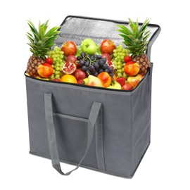 Insulated Reusable Grocery Shopping Bags,Large Food Delivery Cooler Bag,Shopping Tote with Zippered Top for Hot&Cold Food Transport,Stands Upright,Collapsible for Shopping Camping BBQ(Gray-Set of 1)