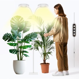 GLOWRIUM Grow Lights for Indoor Plants, 36W Full Spectrum 2-Head LED Plant Light with Stand, Adjustable Height, 3/9/12H Timer, 6 Dimmable Levels & 3 Lighting Modes (White-Double Head)