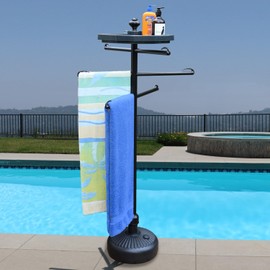 Outdoor Towel Rack with Storage Tray and Bar Clips - 6 Arm Towel Rack for Pool, Hot Tub, or Outdoors