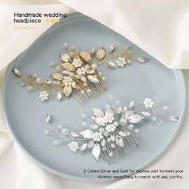 Jeairts Leaf Bride Wedding Hair Comb Rhinestone Pearl Bridal Hair Pieces Flower Wedding Headpiece for Brides Crystal Hair Accessories for Women and Girls (2-Gold)