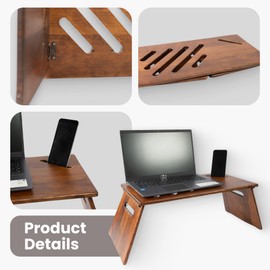 Fida Horeca Laptop Stand Wood Table | Foldable Wooden Stand with Phone Slot | Color: Walnut | Pine | 21.65x11.81x0.63 in | Height: 9.45 in
