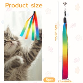 FdcZeyxior 5 Pcs Cat Toys Wand Replacement, Interactive Kitten Rainbow Wand Toy, Portable Cat Teaser Wands, Cats Ribbon Refill Attachment Toys with Bell for Most Cats Kittens Small Pets